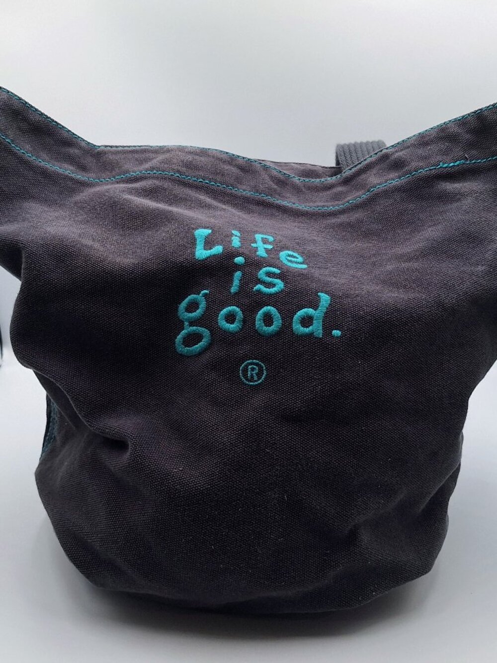 Life is Good Large Dark Blue Canvas Tote Embroidered Heart